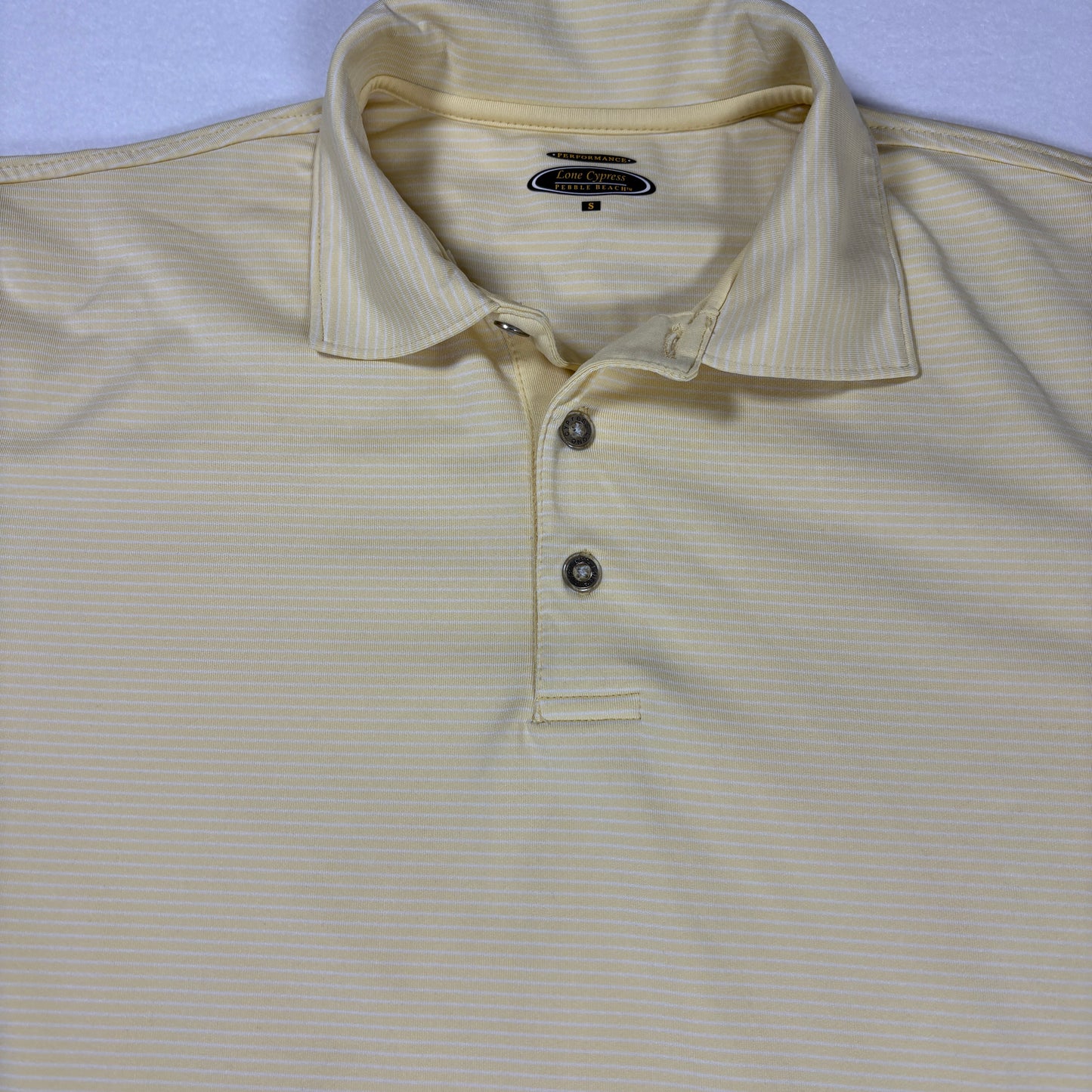 Pebble Beach Lone Cypress Performance Polo Shirt Men’s Small Yellow Striped Golf