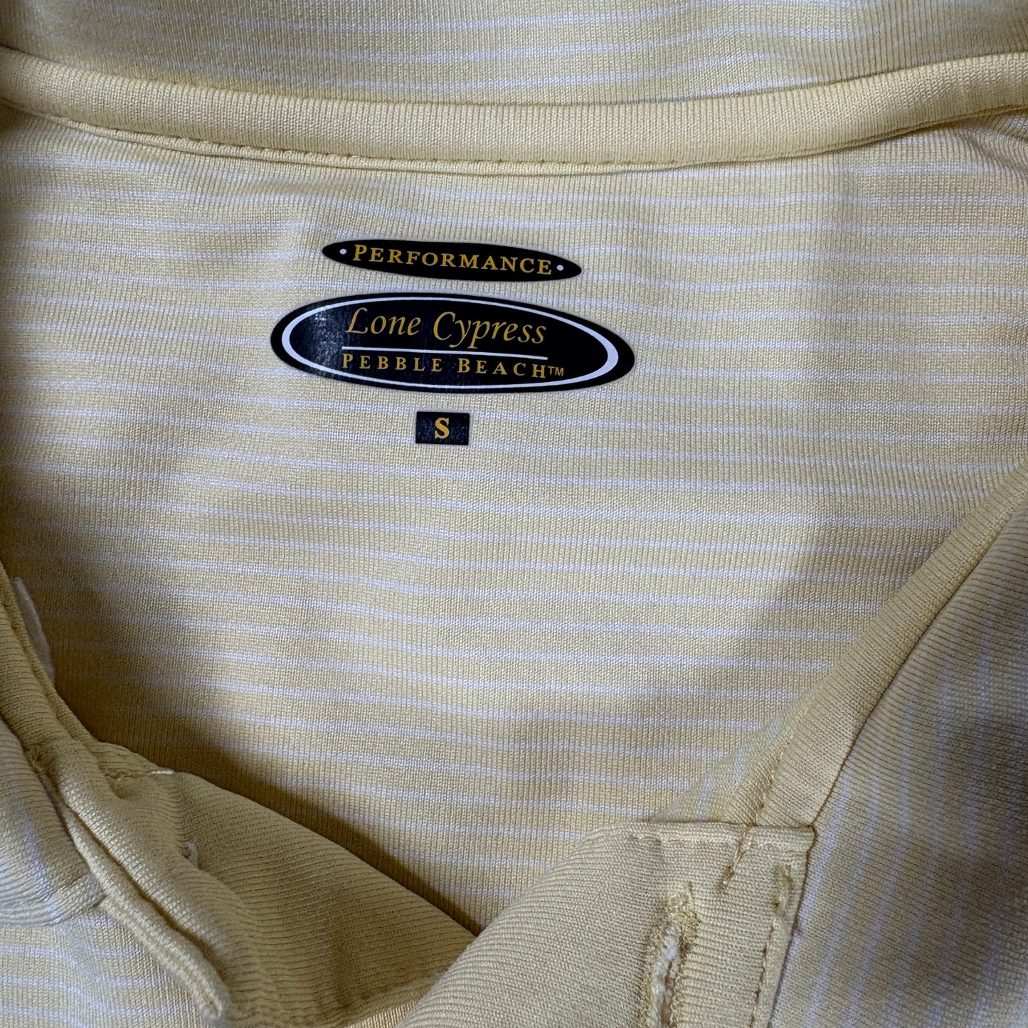 Pebble Beach Lone Cypress Performance Polo Shirt Men’s Small Yellow Striped Golf