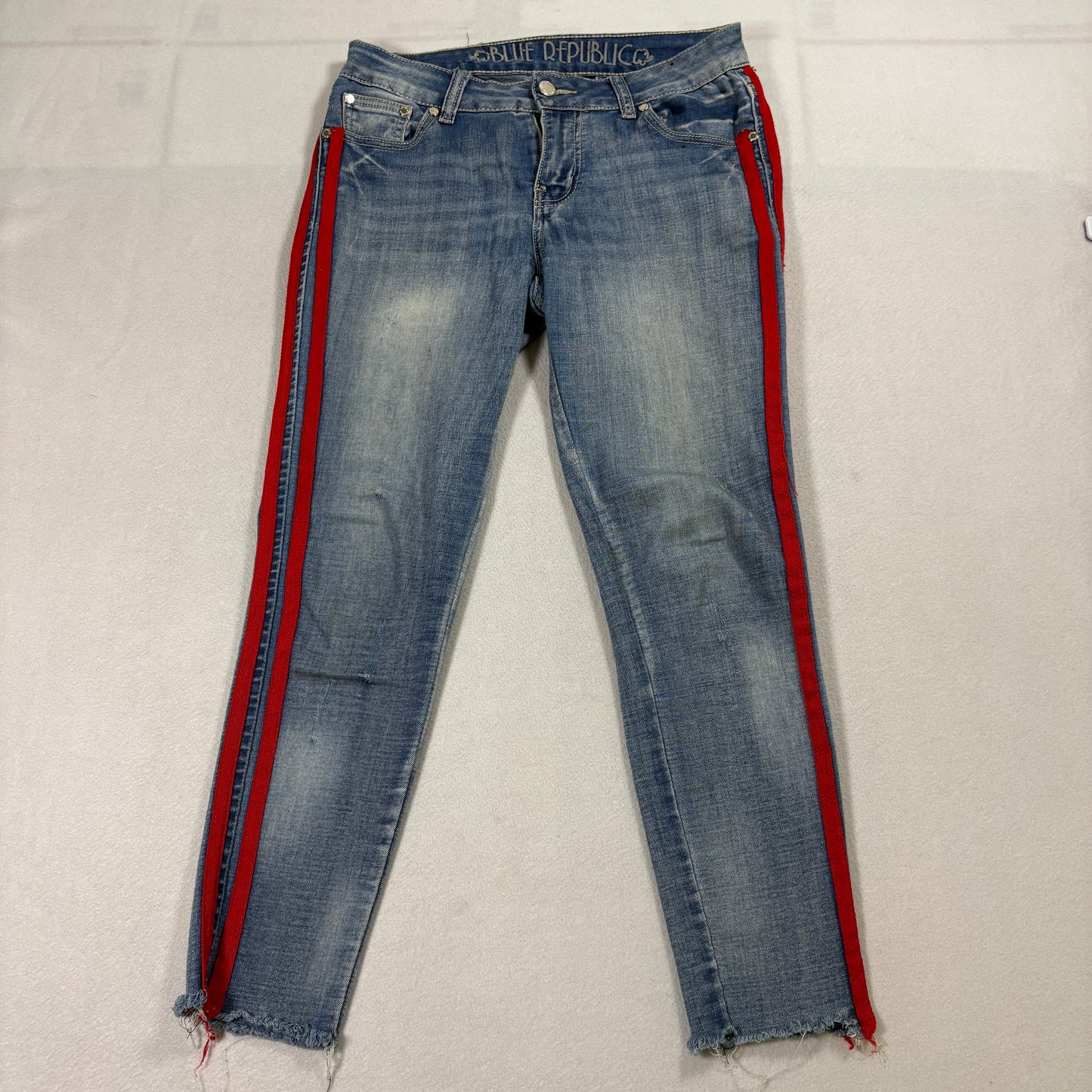 Blue Republic Womens Jeans Size 7 Red Stripe Side Distressed Hem Vintage Look