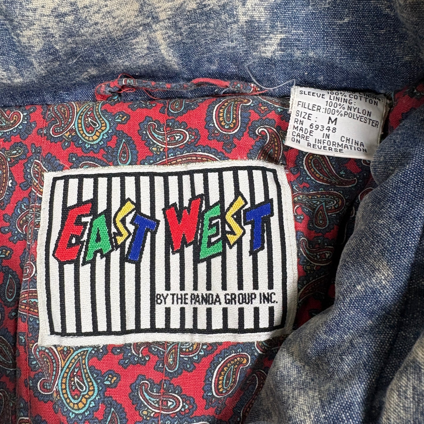 East West Acid Wash Denim Jacket Mens M Vintage 90s Grunge Hooded Paisley Lined