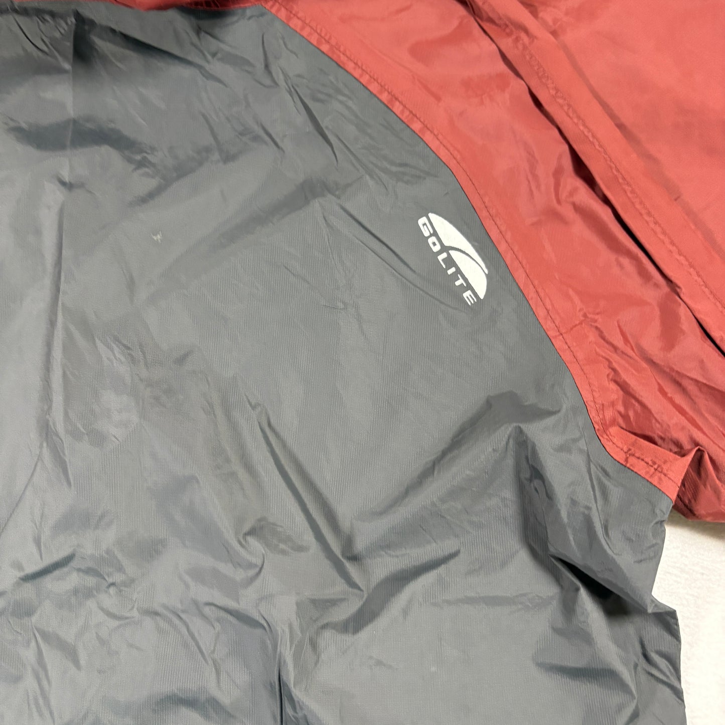 GoLite Mens Jacket L Gray Red Hooded Lightweight Nylon Windbreaker Hiking Outdoor