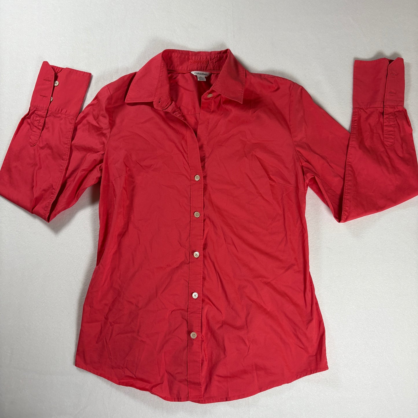 Calvin Klein Women’s Button Up Shirt Red Long Sleeve Collared Blouse Medium