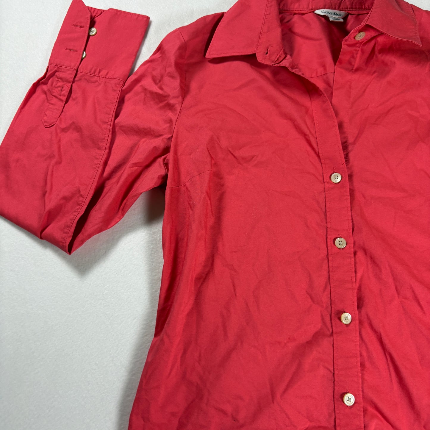 Calvin Klein Women’s Button Up Shirt Red Long Sleeve Collared Blouse Medium