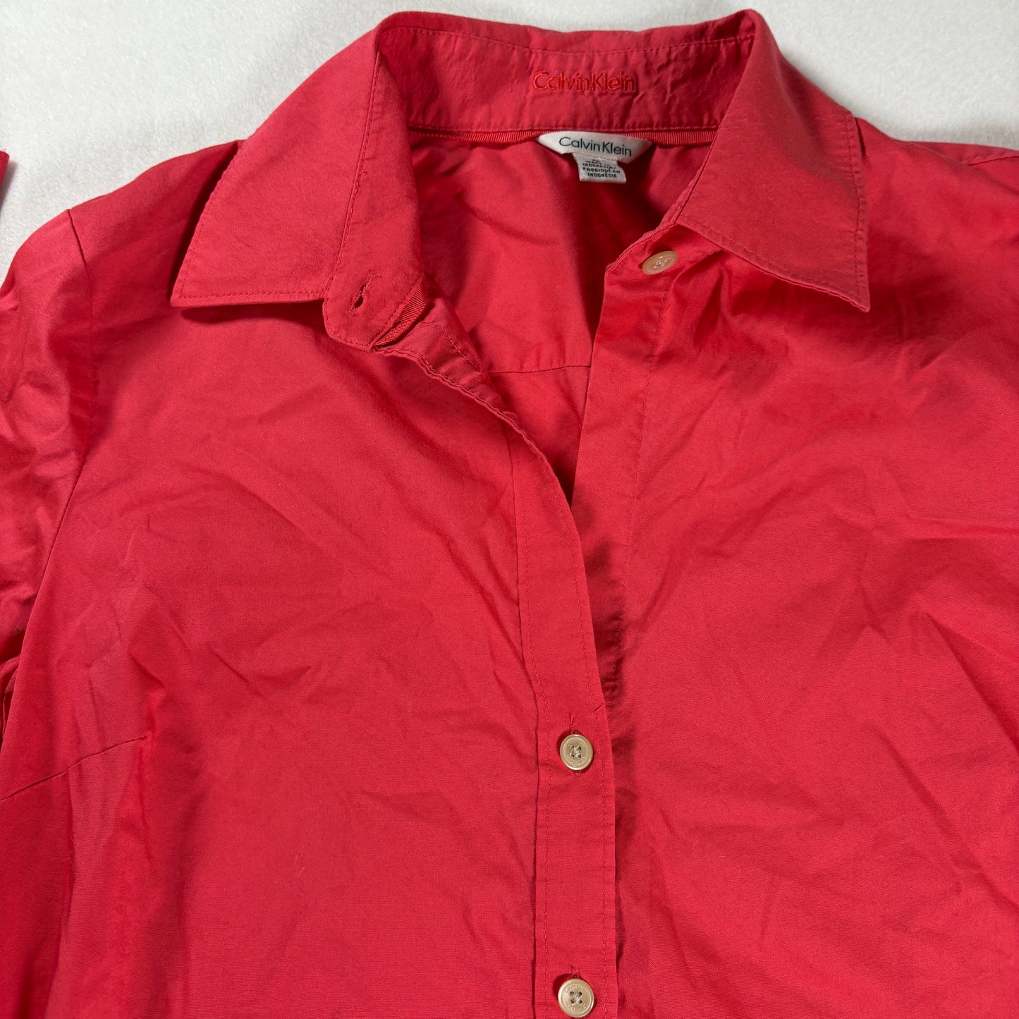 Calvin Klein Women’s Button Up Shirt Red Long Sleeve Collared Blouse Medium