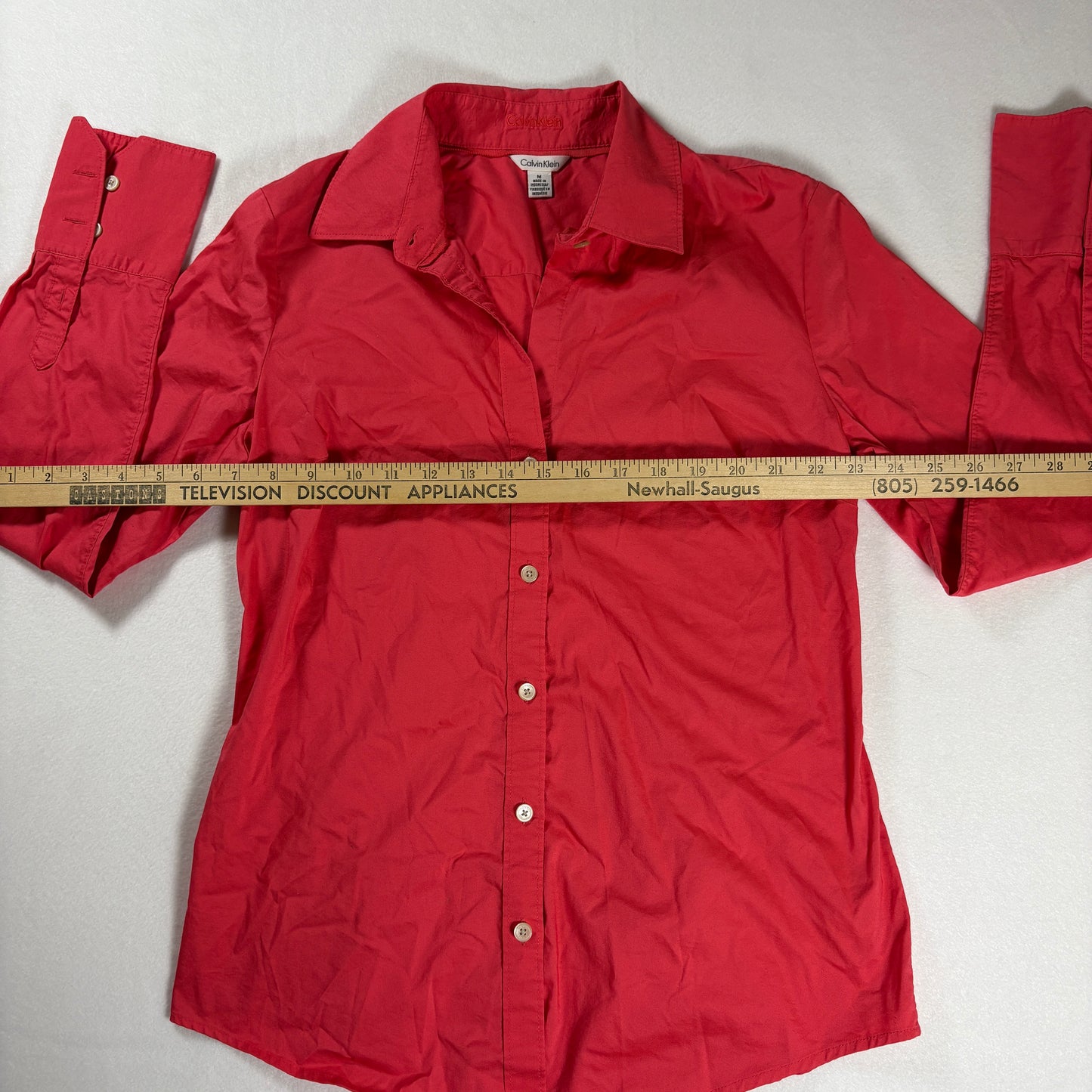 Calvin Klein Women’s Button Up Shirt Red Long Sleeve Collared Blouse Medium