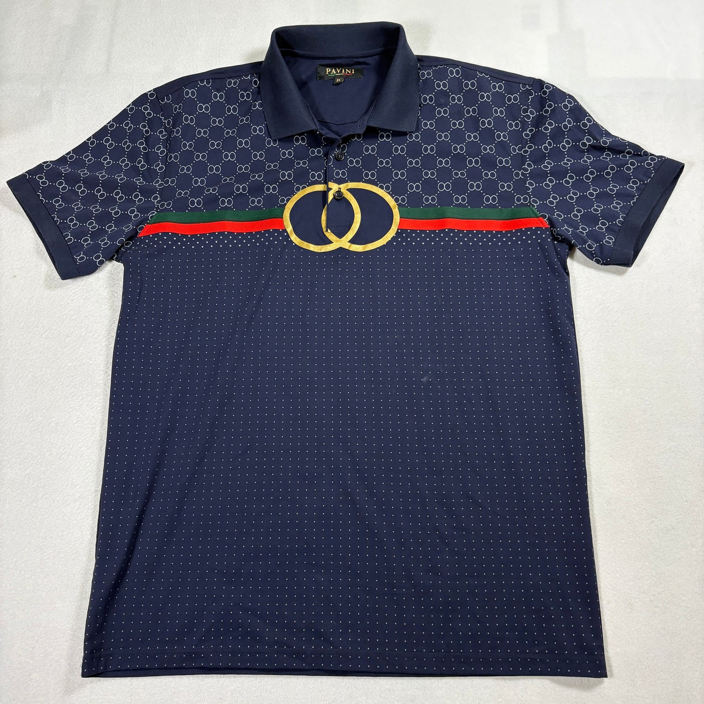 Pavini Polo Shirt Mens XL Navy Designer Style Red Green Stripe Retro Streetwear