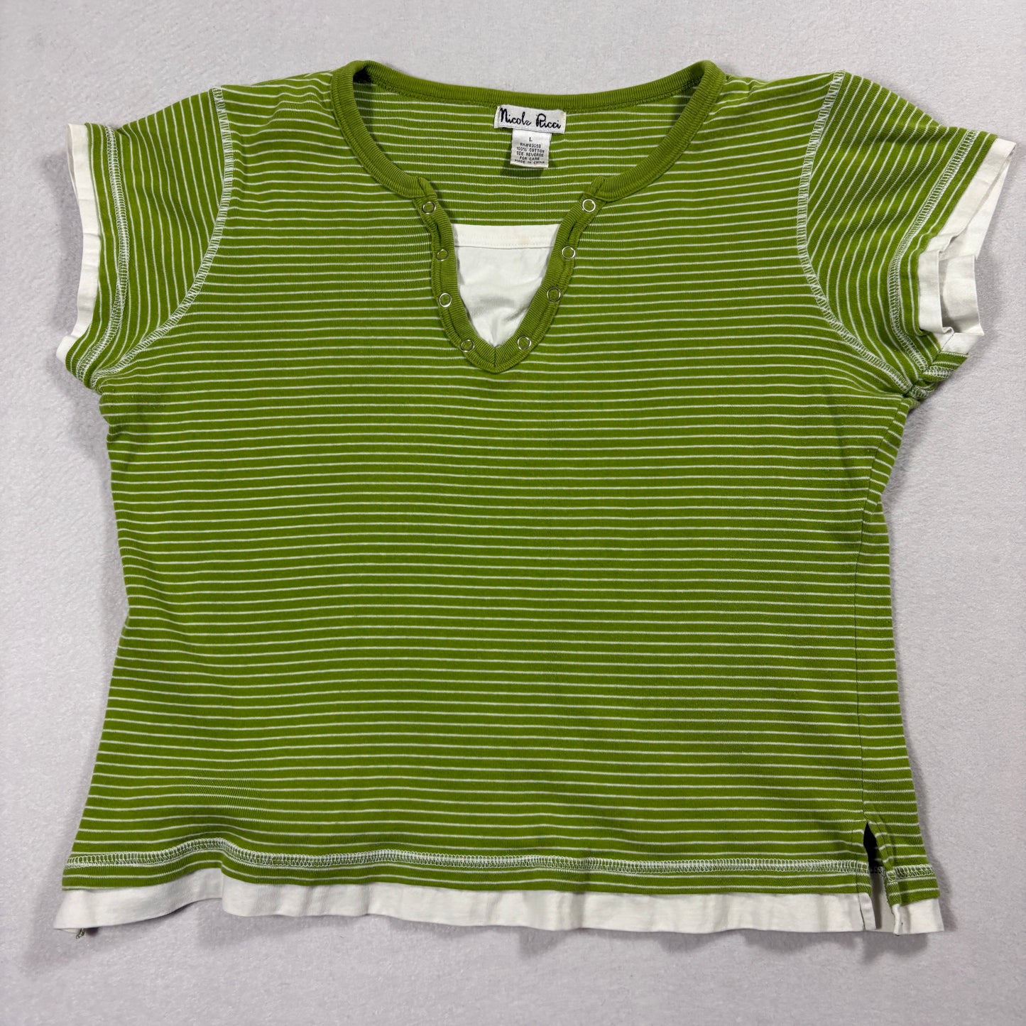 Nicole Ricci Womens L Green White Stripe Y2K Layered Look Henley T Shirt Top