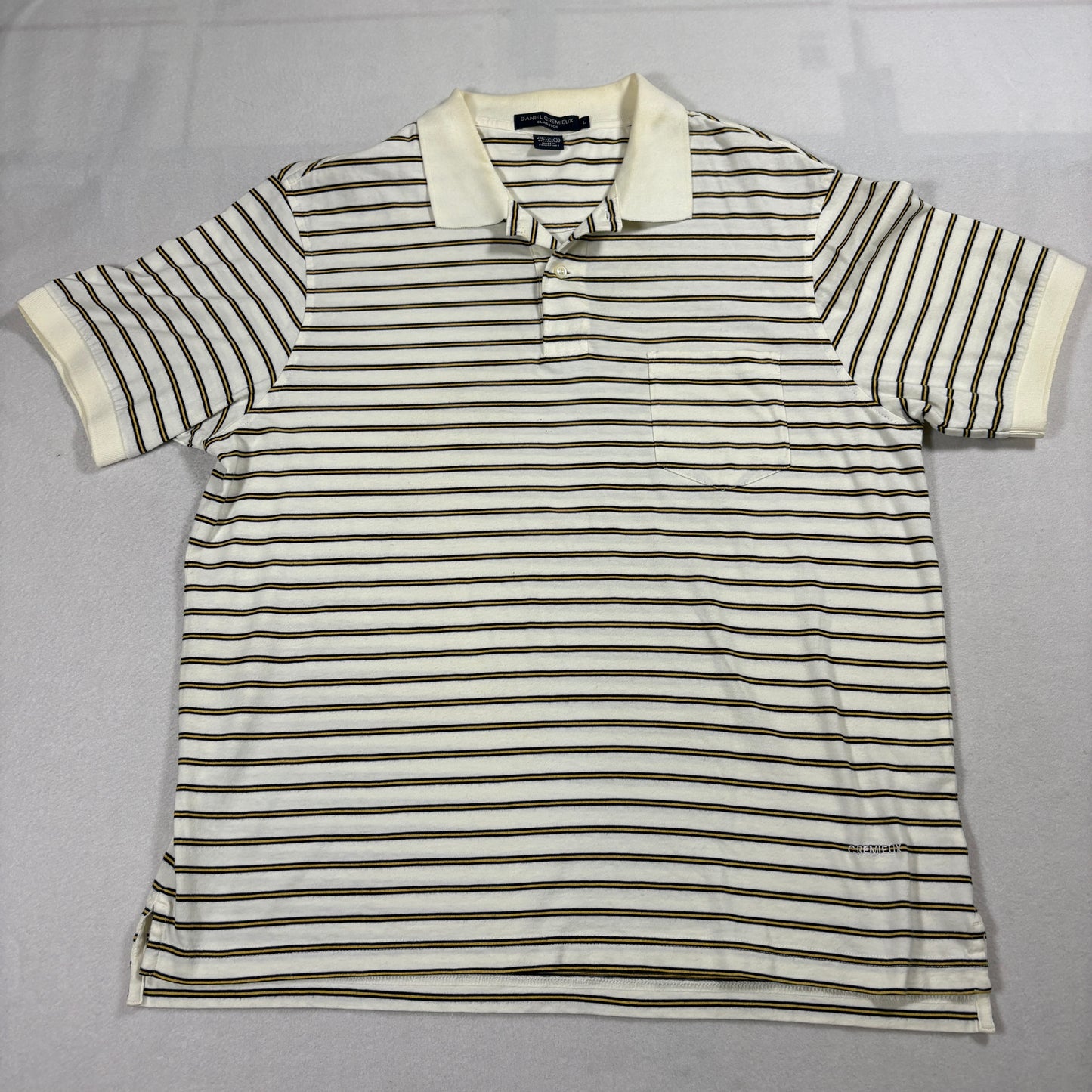 Daniel Cremieux Polo Shirt Mens L White Brown Yellow Stripe Classic Cotton Top