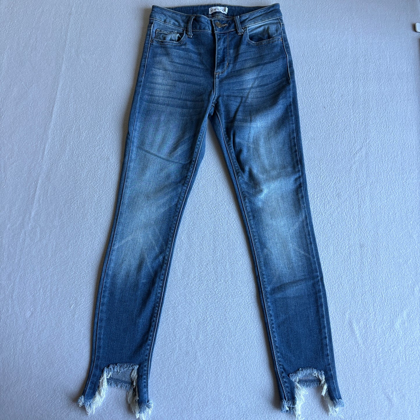 Cello Womens Distressed Raw Hem Skinny Jeans Size 1 Blue Stretch Denim Frayed