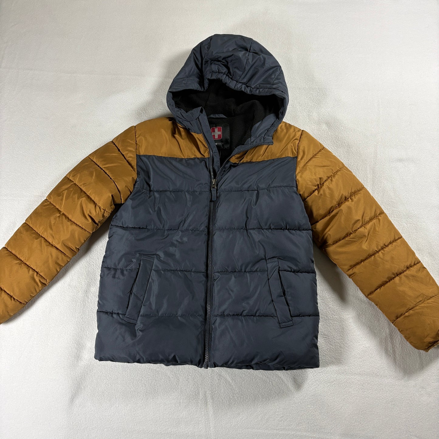 SwissTech Boys Hooded Puffer Jacket Colorblock Gray Brown Youth L 10-12 Coat Zip