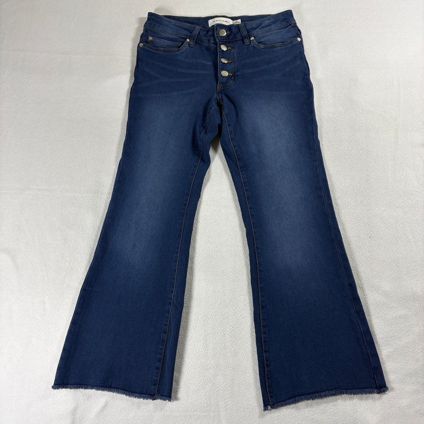 Tahari Womens High Rise Button Fly Flare Jeans Dark Wash Stretch Denim Size 4P