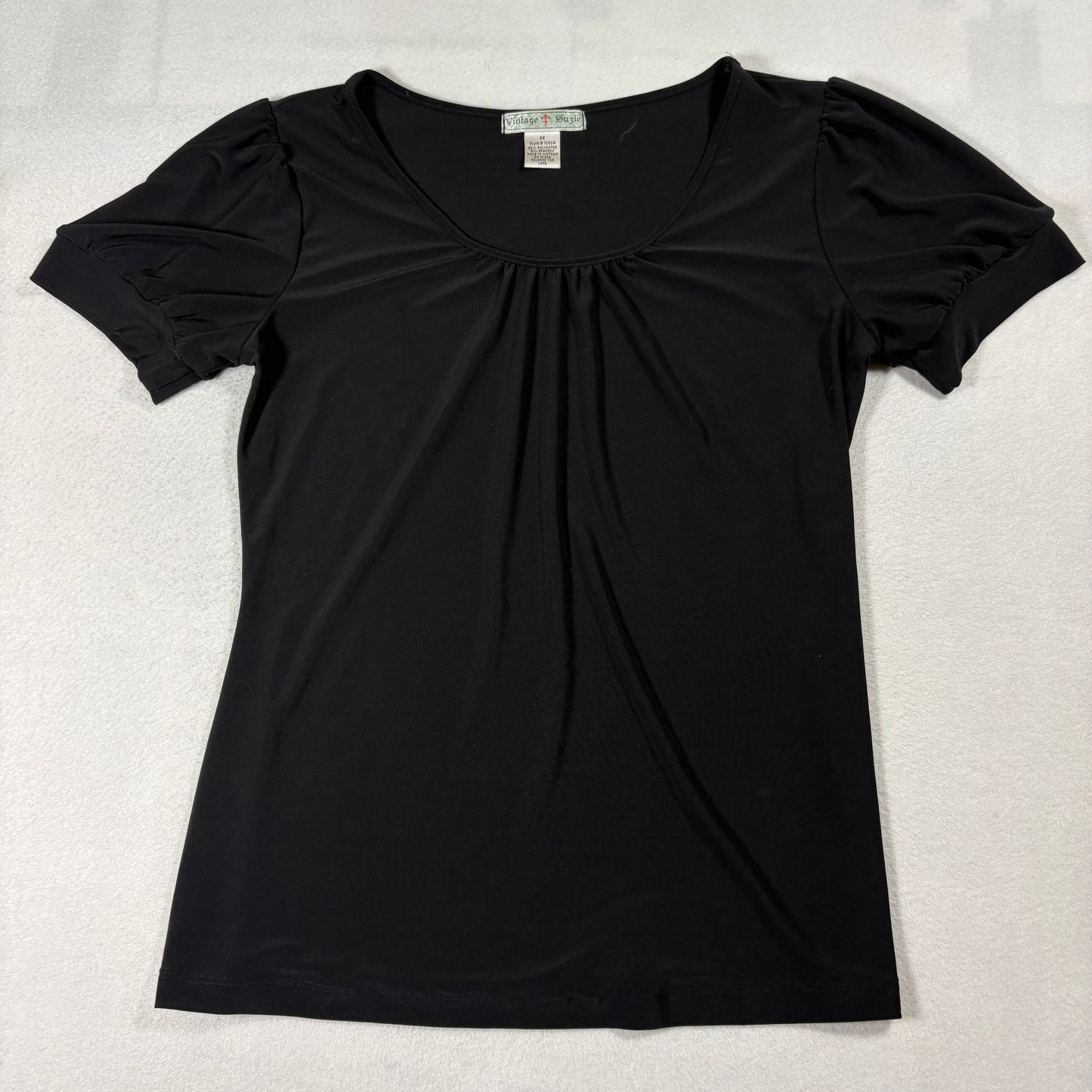 Vintage Suzie Black Puff Sleeve Top Womens M Stretchy Y2K Basic Blouse