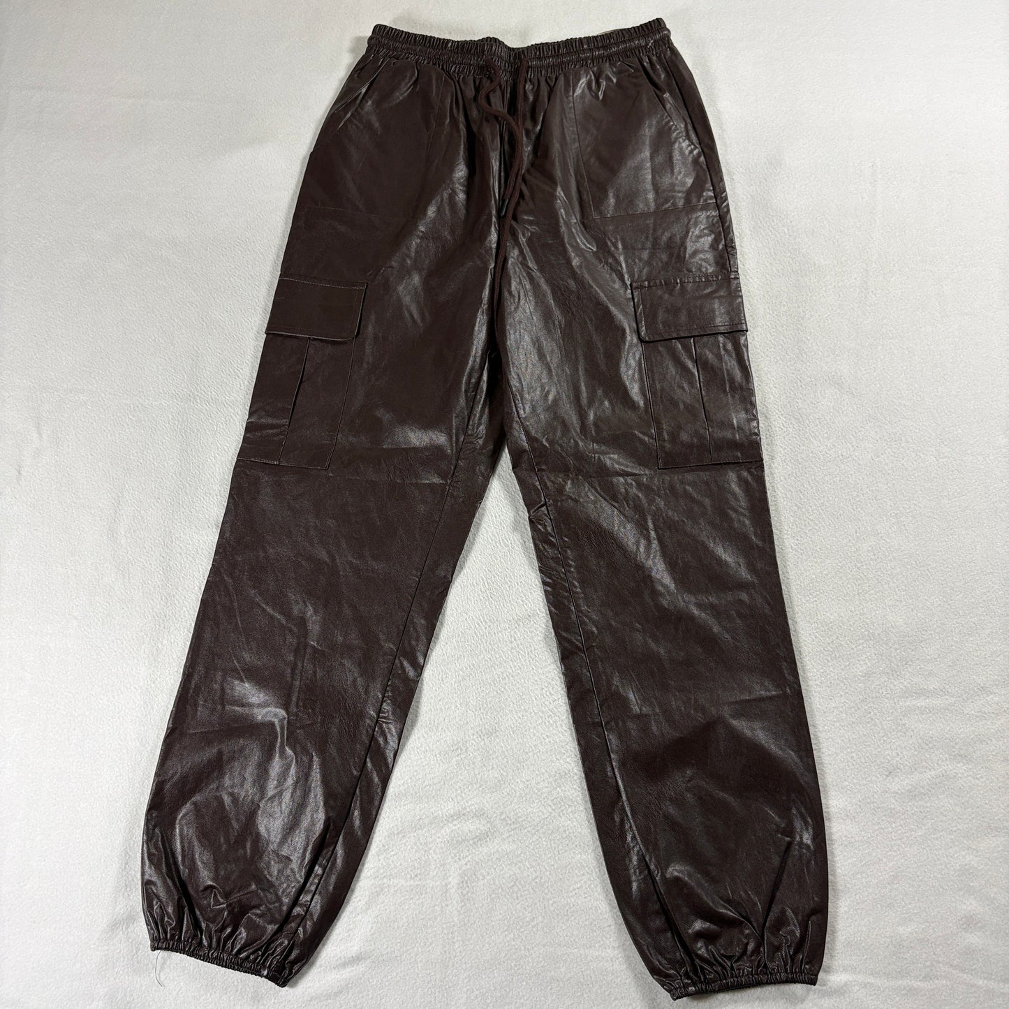 Shop Neigh Faux Leather Cargo Jogger Pants Womens Brown Elastic Waist Size M