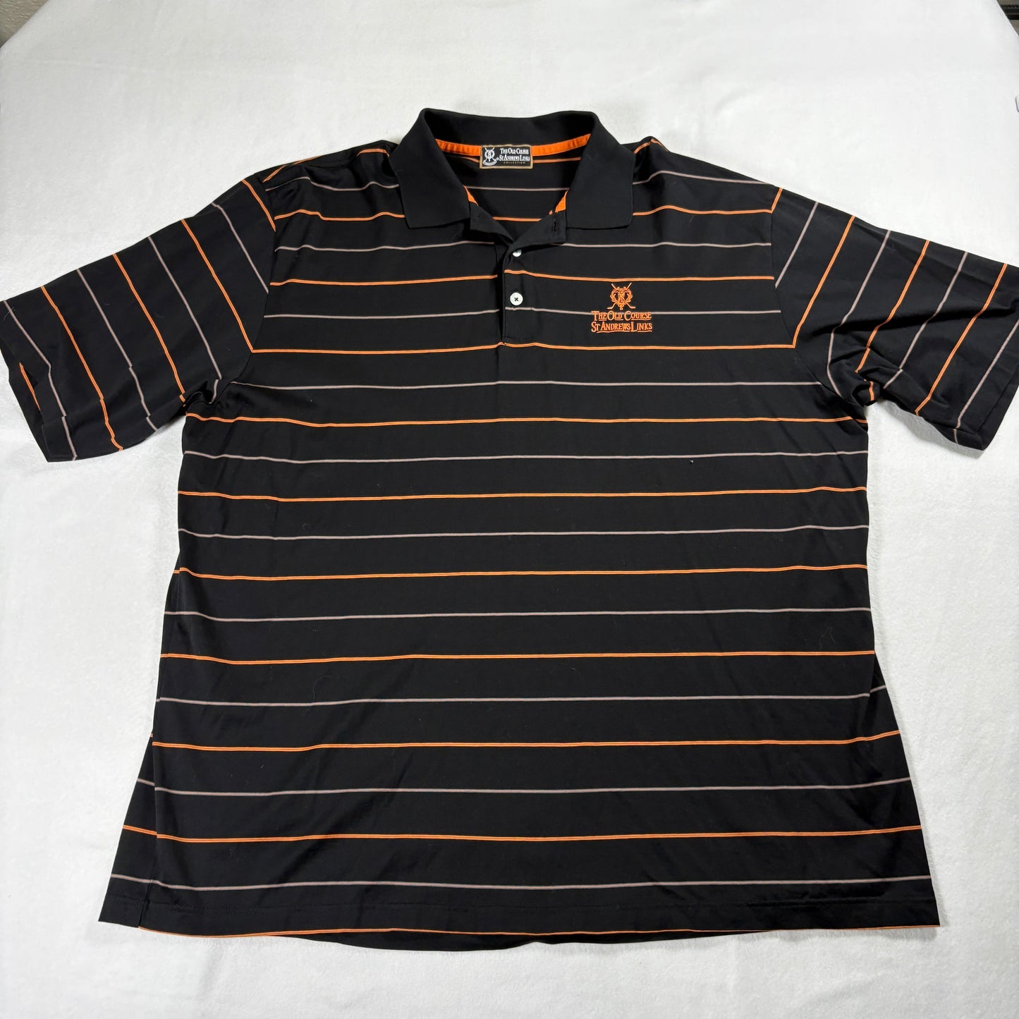 St Andrews Links Polo Shirt Mens XXL Black Orange Striped Golf Performance Polos