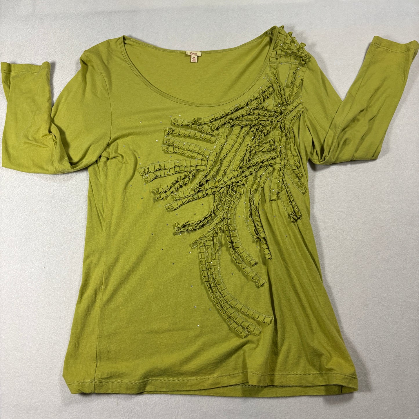 Reba Green Embellished Top Womens M 3/4 Sleeve Textured Beaded Blouse