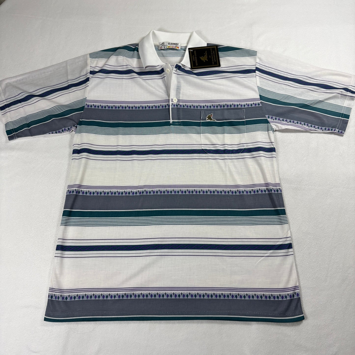 Komodo Long Polo Shirt Mens XL White Teal Striped Vintage Golf Pocket Top Tee Og