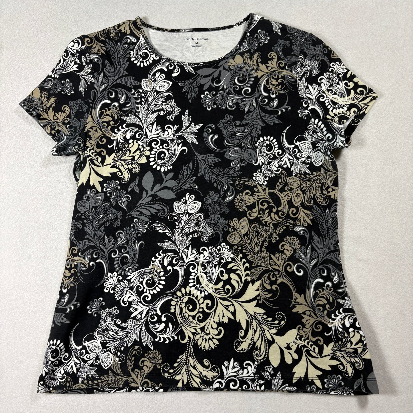 Croft & Barrow Black Floral Scroll T Shirt Womens M Pima Cotton Tee