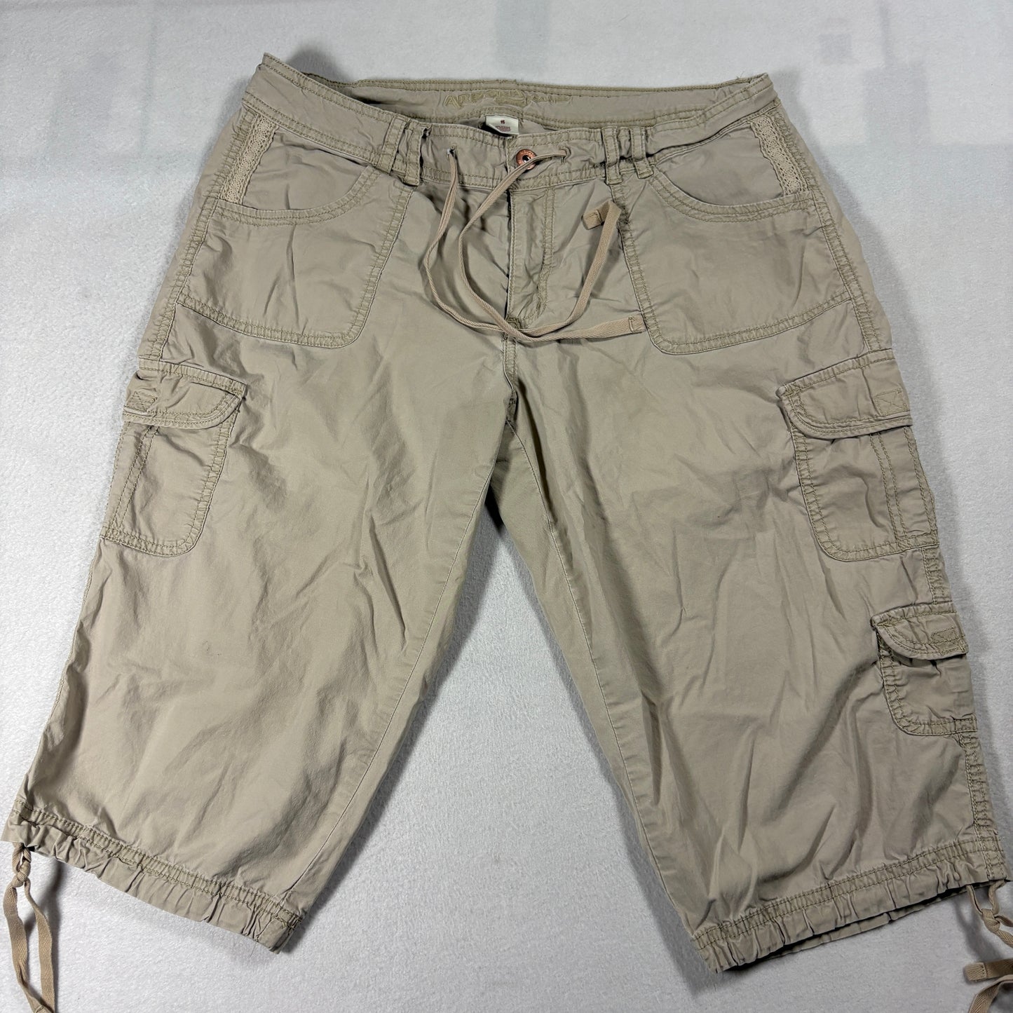 Womens Cargo Capri Pants Size 15 Khaki Stretch Drawstring Hem Pockets