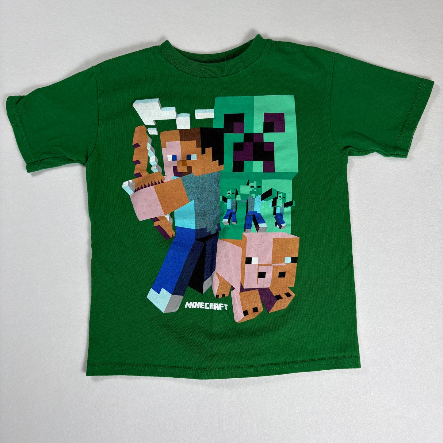 Minecraft T-Shirt Kids Small 6/7 Green Creeper Steve Pig Zombie Graphic Tee