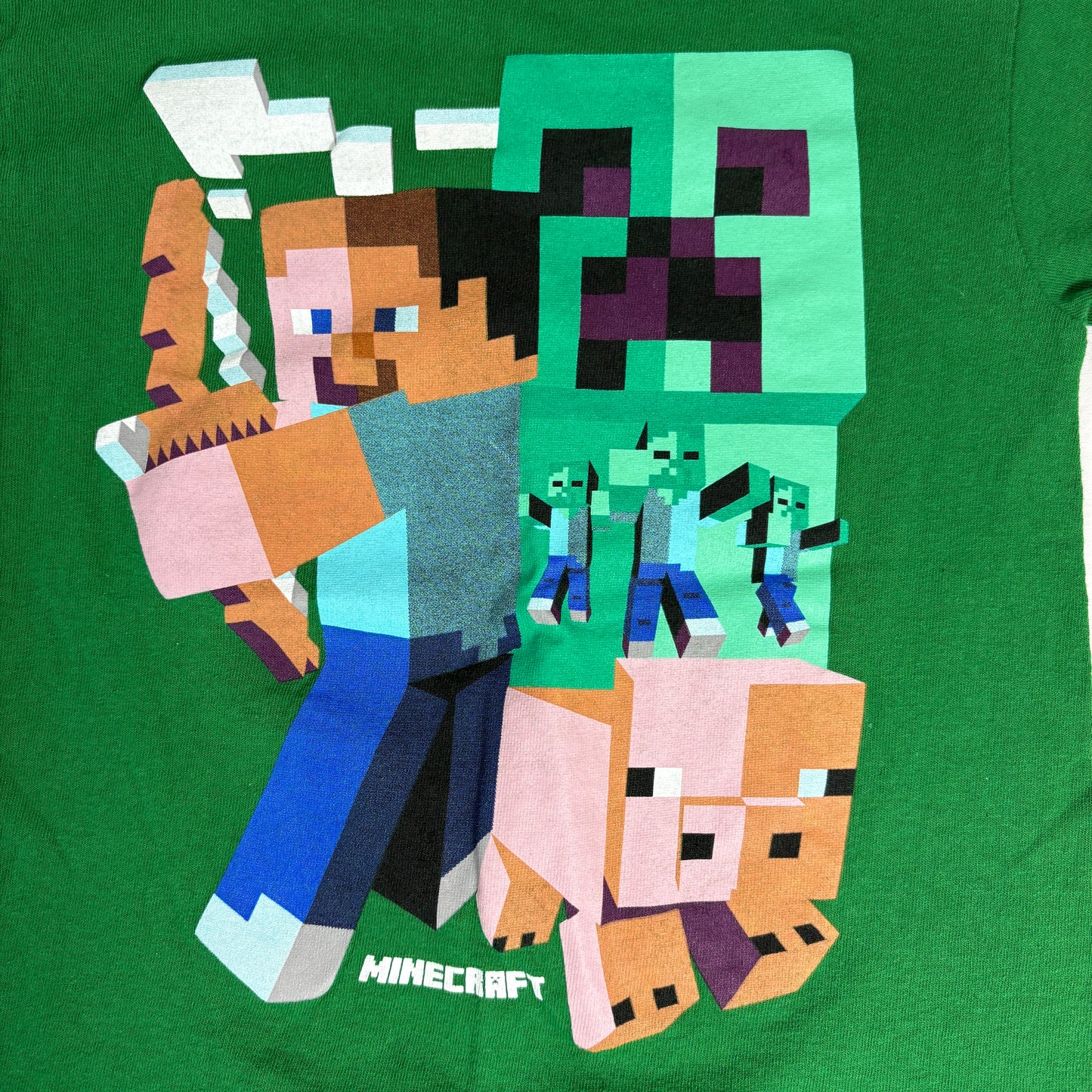 Minecraft T-Shirt Kids Small 6/7 Green Creeper Steve Pig Zombie Graphic Tee