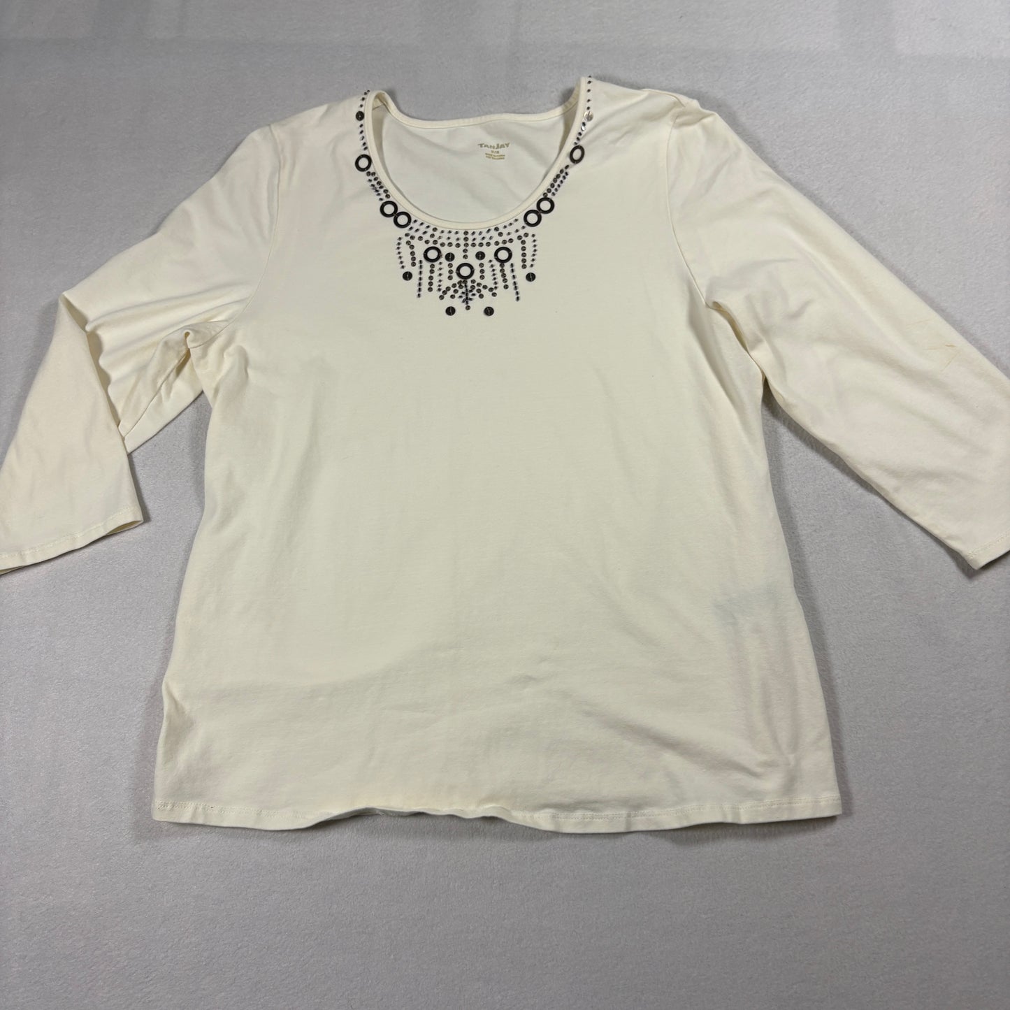 TanJay Embellished Top Womens Medium Cream 3/4 Sleeve Rhinestone Casual Shirt
