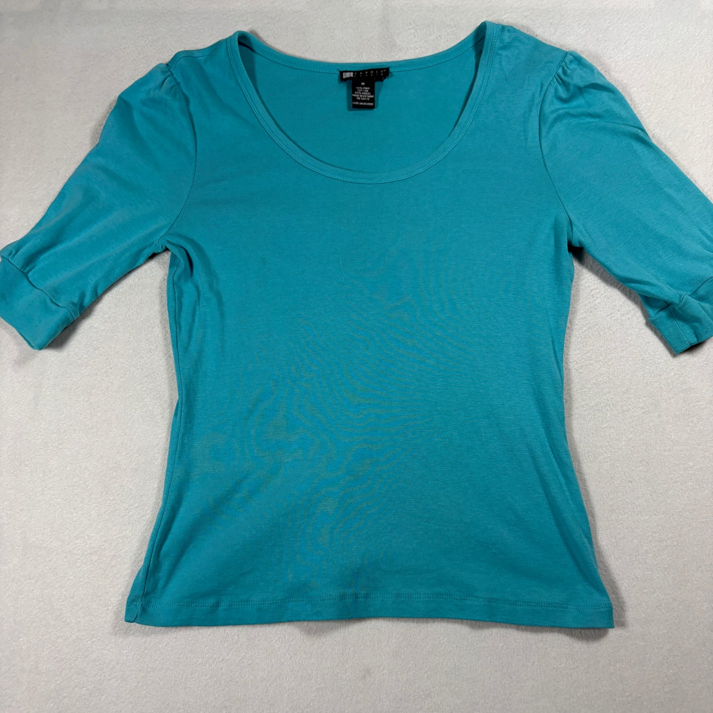 Carole Little Teal Pima Cotton Top Womens Medium Scoop Neck Elbow Sleeve Tee