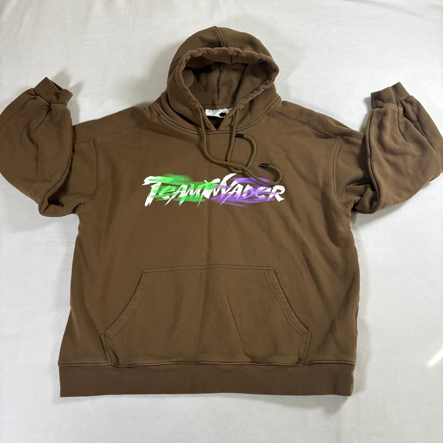 Team Invader Hoodie Mens XL Brown Graphic Logo Streetwear Pullover Sweatshirt