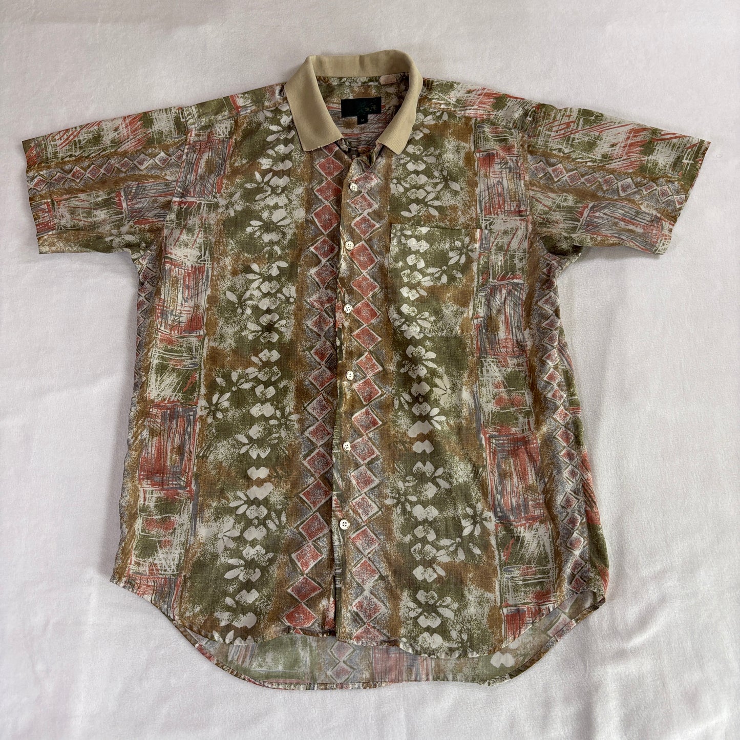 Vintage Style Pattern Polo Shirt Mens M Abstract Earth Tone Button Casual Golf
