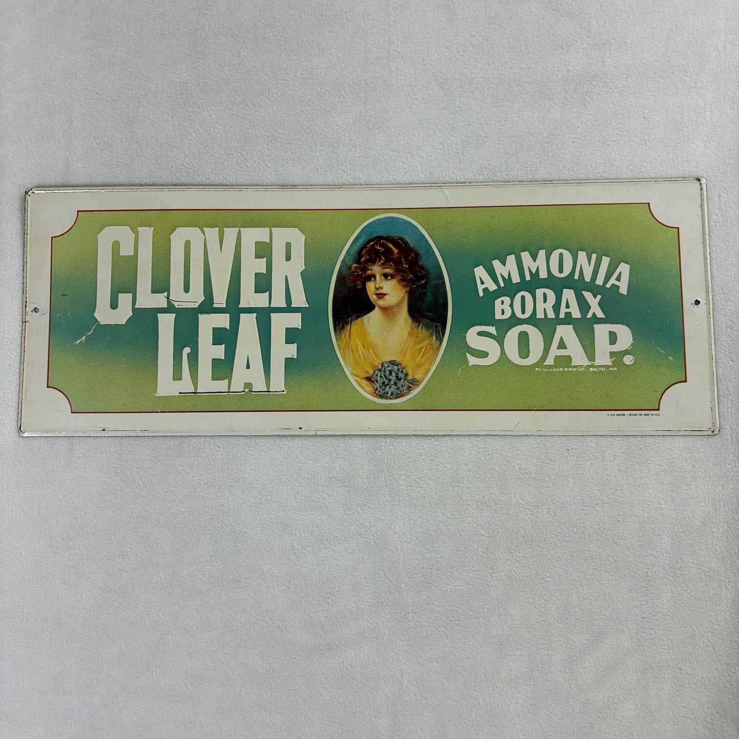Vintage Clover Leaf Ammonia Borax Soap Metal Advertising Sign 1974 Heilner USA