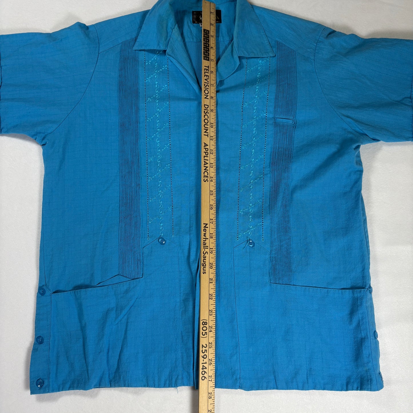 Yucal Guayabera Shirt 42 Blue Short Sleeve Embroidered Cuban Mexico Pockets