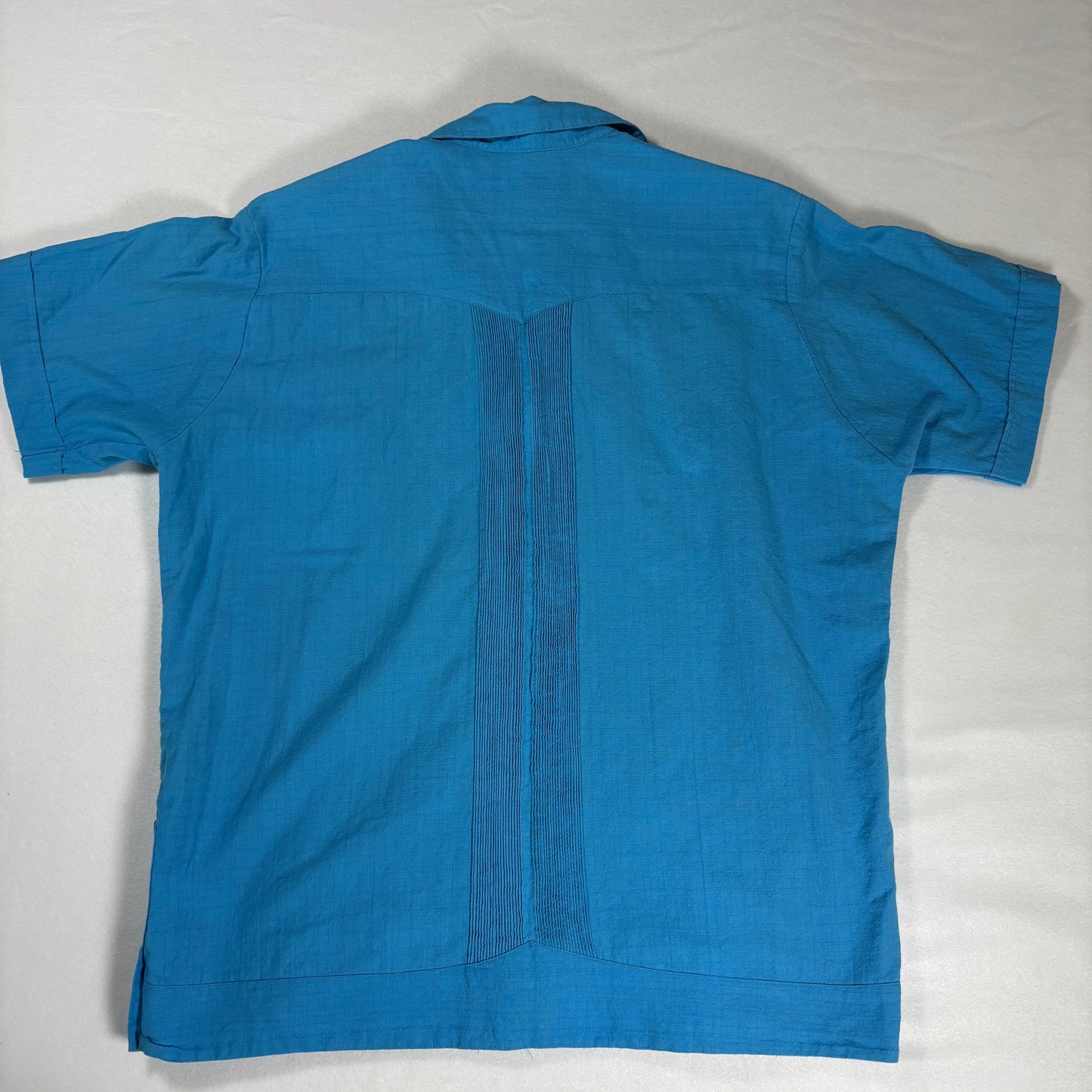 Yucal Guayabera Shirt 42 Blue Short Sleeve Embroidered Cuban Mexico Pockets