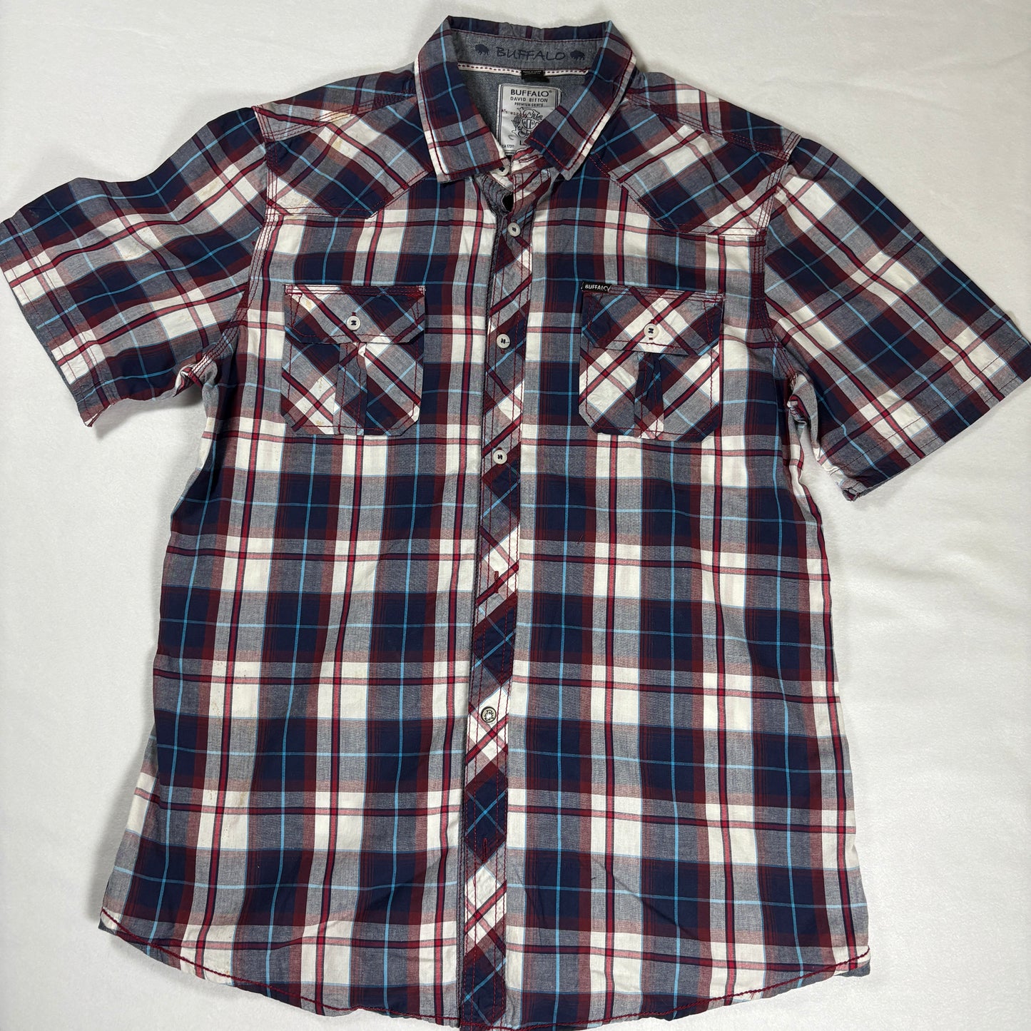 Buffalo David Bitton Shirt Large Red Blue Plaid Short Sleeve Western Pearl Snap