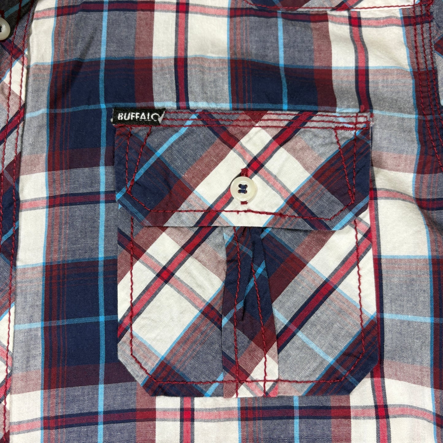 Buffalo David Bitton Shirt Large Red Blue Plaid Short Sleeve Western Pearl Snap