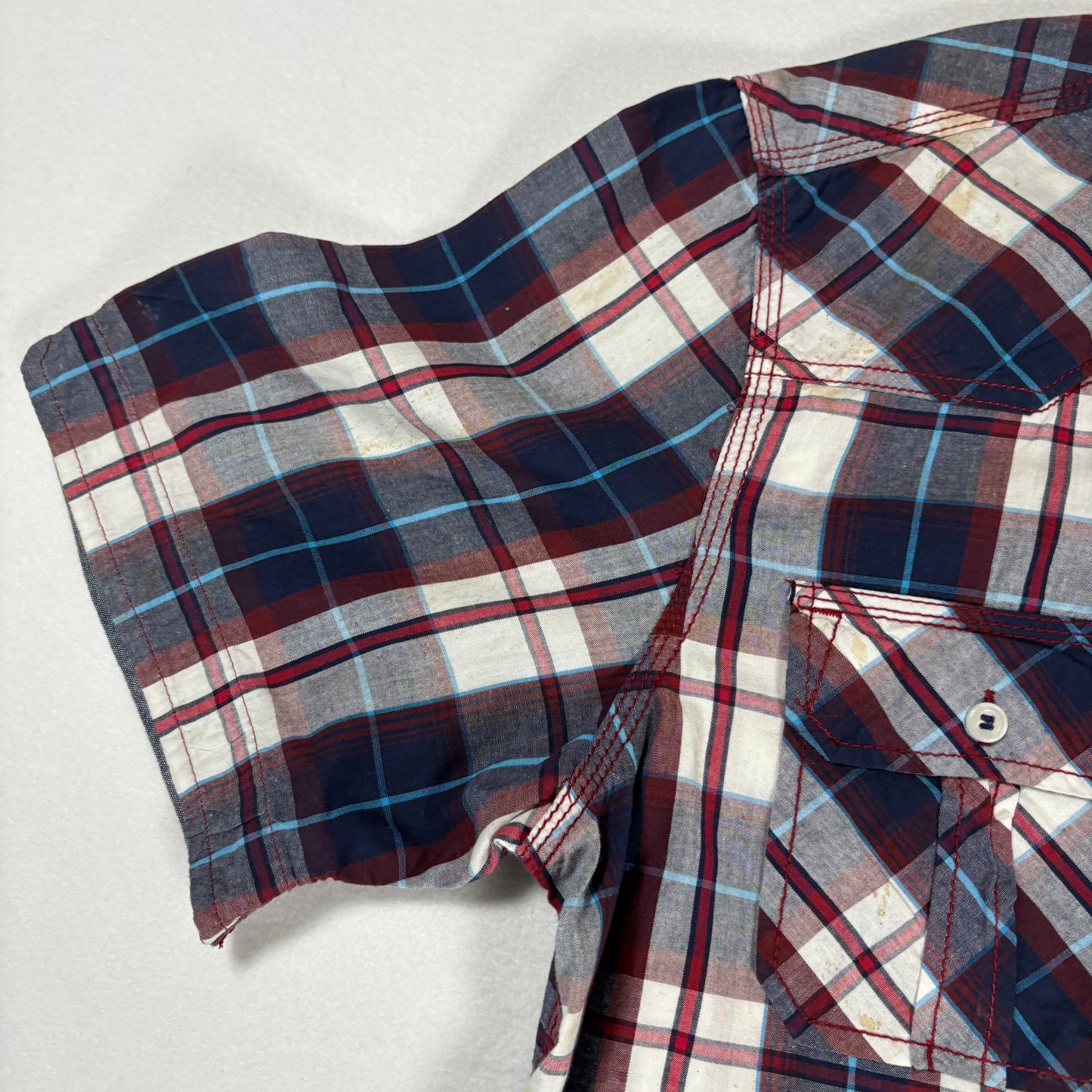 Buffalo David Bitton Shirt Large Red Blue Plaid Short Sleeve Western Pearl Snap