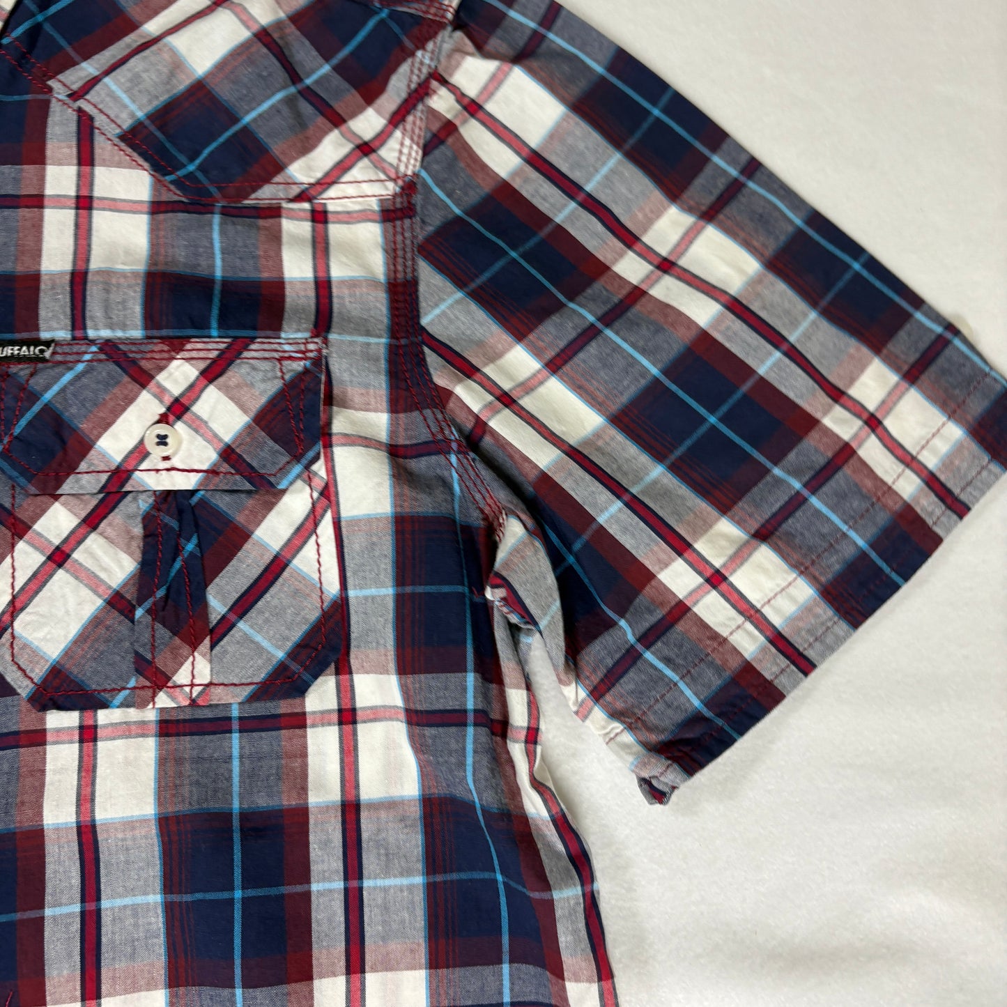 Buffalo David Bitton Shirt Large Red Blue Plaid Short Sleeve Western Pearl Snap