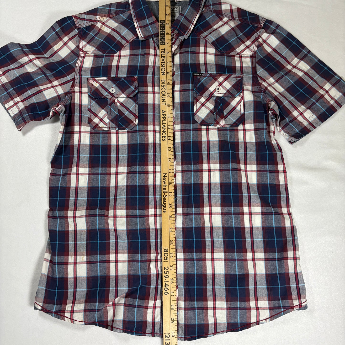 Buffalo David Bitton Shirt Large Red Blue Plaid Short Sleeve Western Pearl Snap