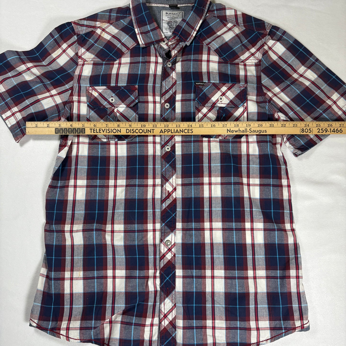 Buffalo David Bitton Shirt Large Red Blue Plaid Short Sleeve Western Pearl Snap