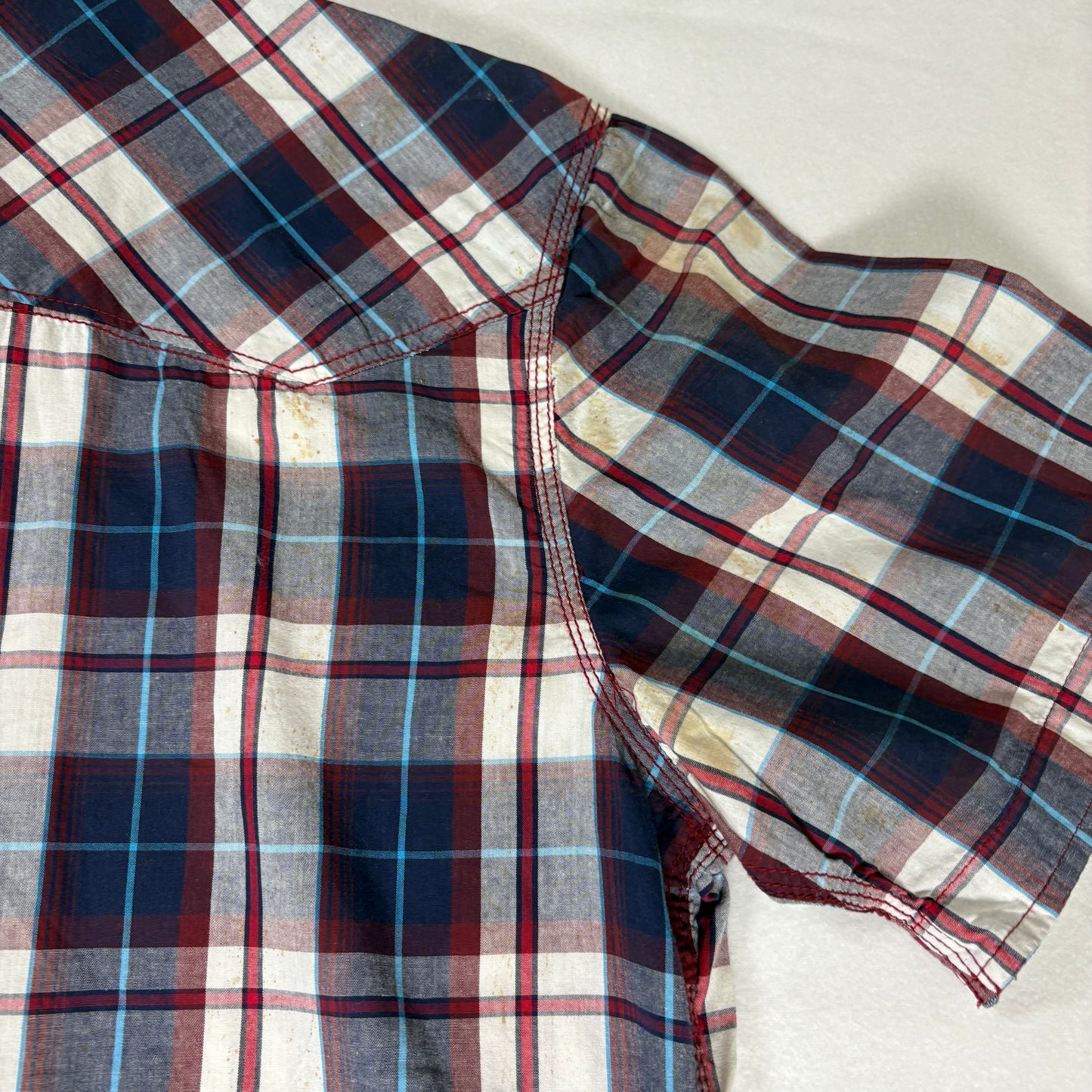 Buffalo David Bitton Shirt Large Red Blue Plaid Short Sleeve Western Pearl Snap