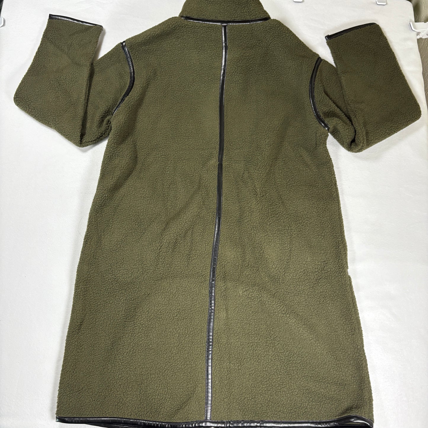 Prettygarden Jacket Women M Olive Green Longline Fleece Coat Faux Leather Trim NWT