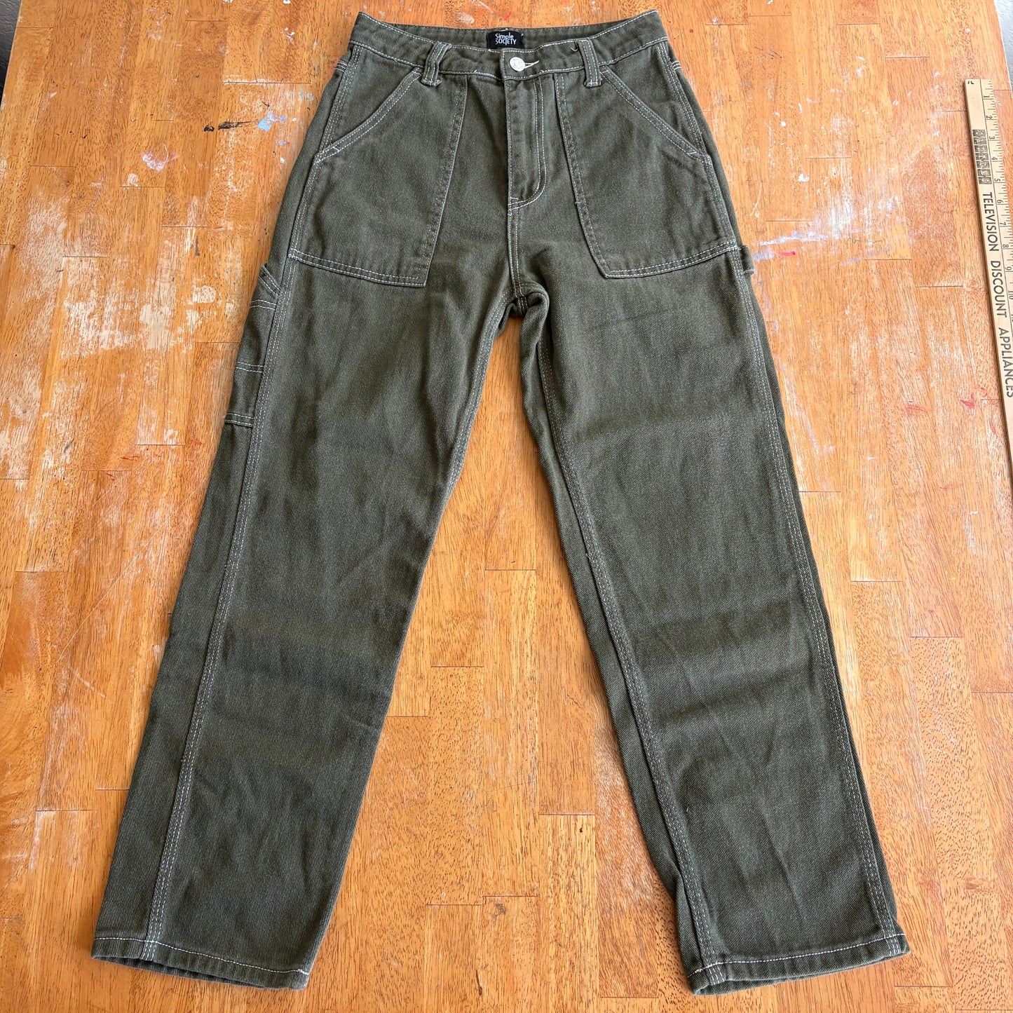 Simple Society Pants Womens 25 Olive Green Vintage Utility Straight Leg Work