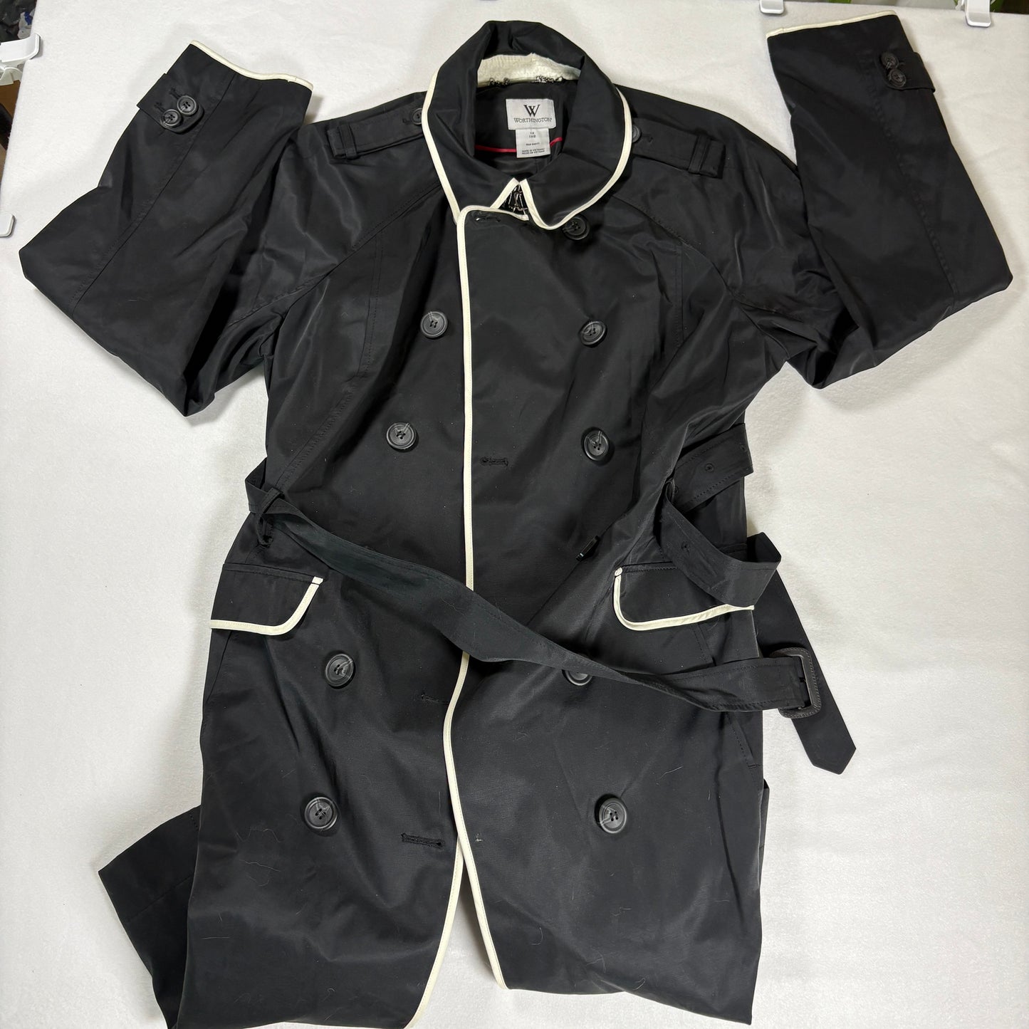 Worthington Trench Coat Women 1X Black White Trim Belted Double Breasted NWT