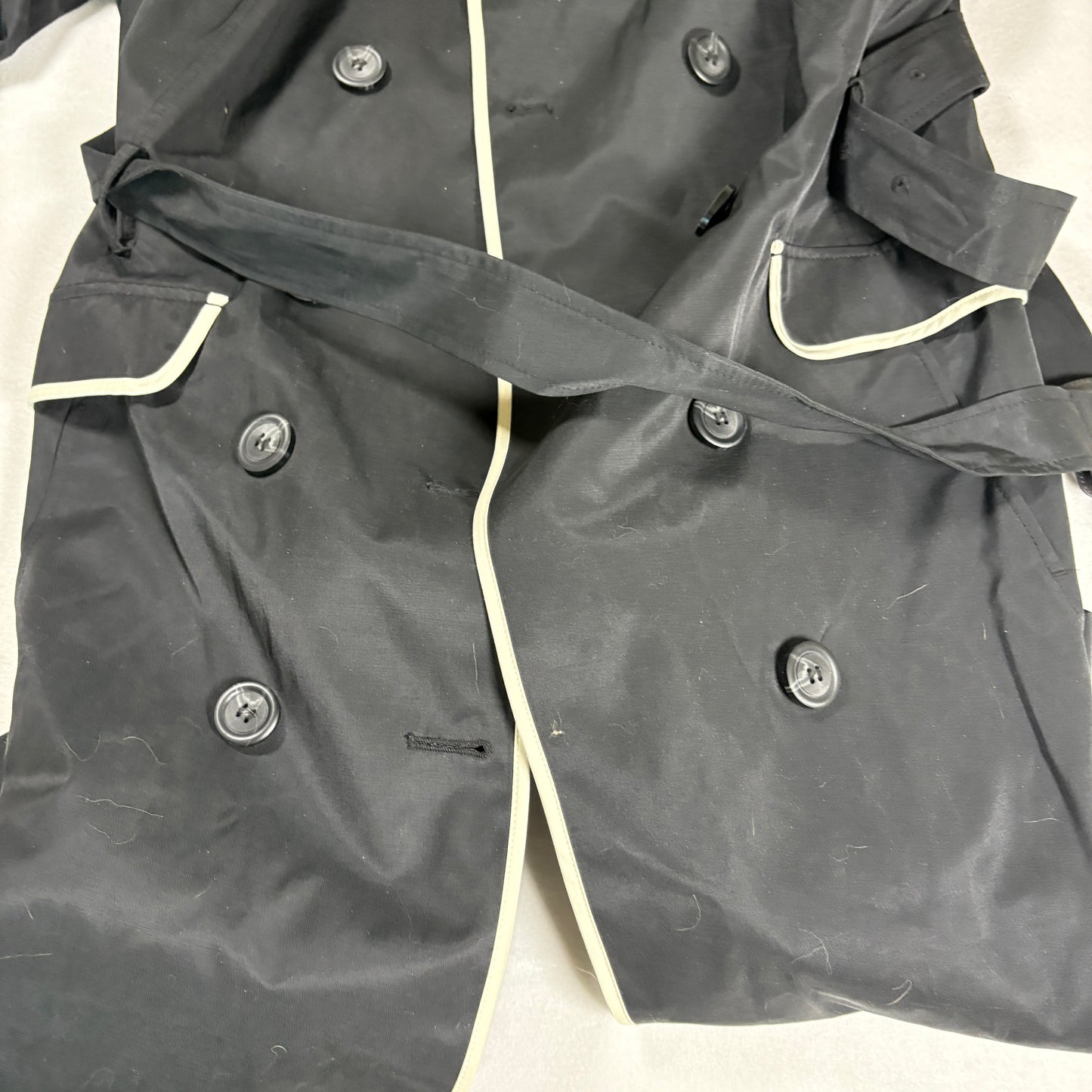 Worthington Trench Coat Women 1X Black White Trim Belted Double Breasted NWT