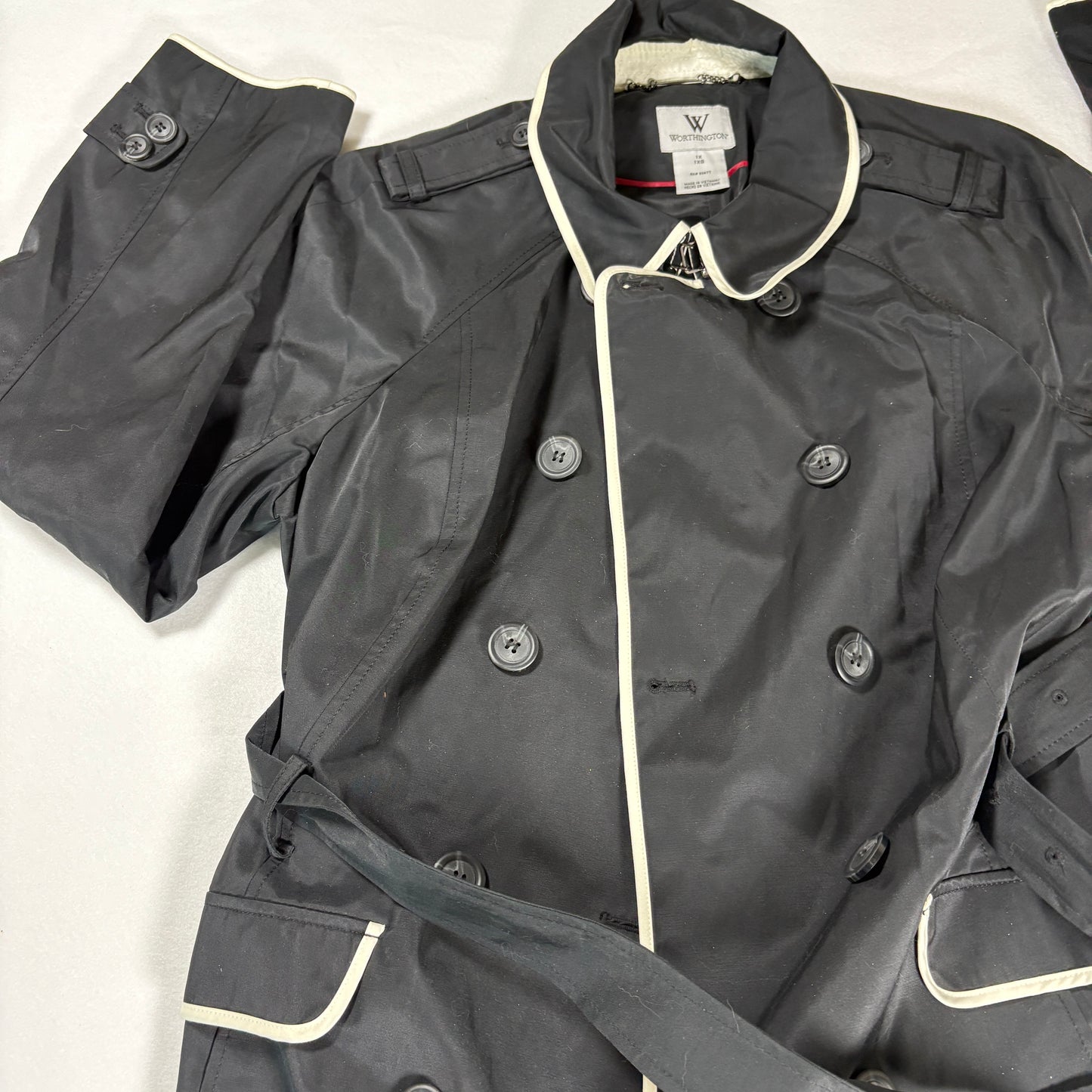 Worthington Trench Coat Women 1X Black White Trim Belted Double Breasted NWT