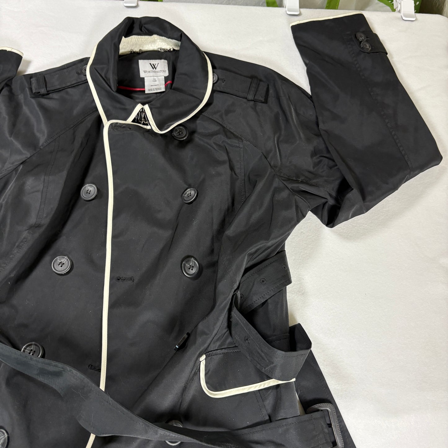 Worthington Trench Coat Women 1X Black White Trim Belted Double Breasted NWT