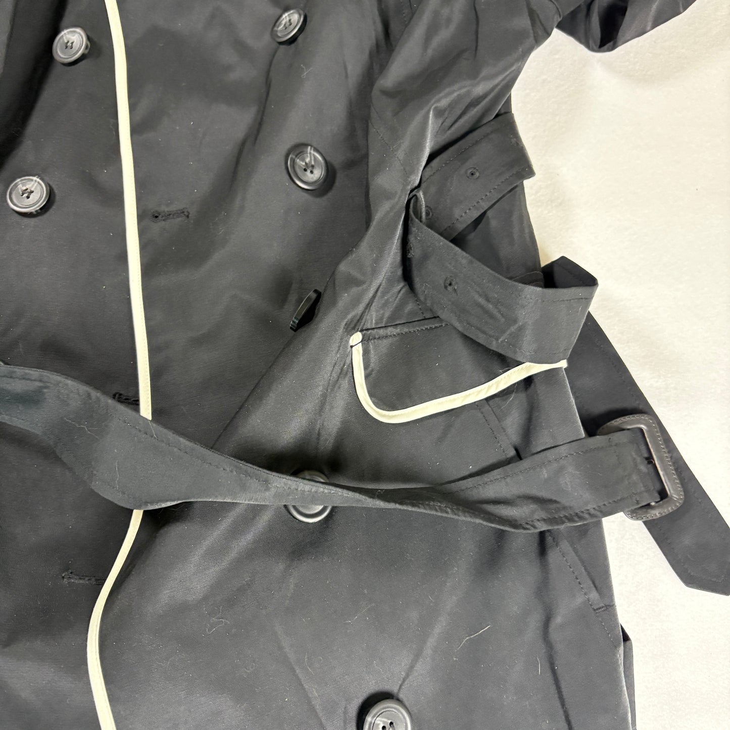Worthington Trench Coat Women 1X Black White Trim Belted Double Breasted NWT