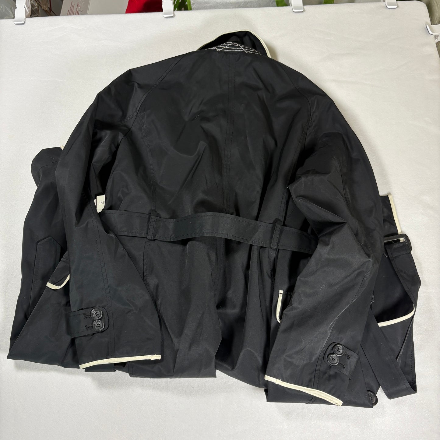 Worthington Trench Coat Women 1X Black White Trim Belted Double Breasted NWT