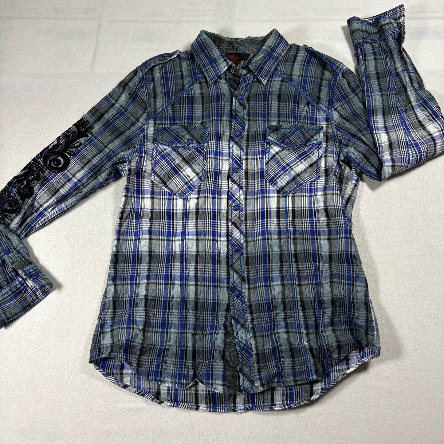 Royal Testimony Pearl Snap Plaid Shirt Mens Large Blue Western Embroidered