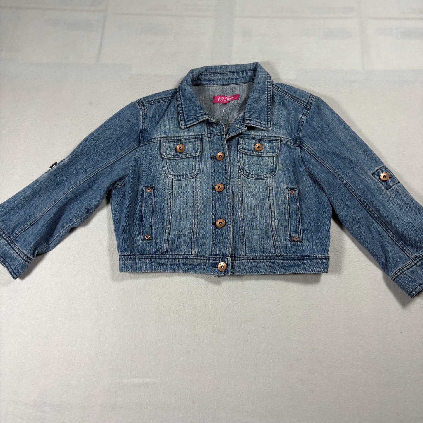 Cat Soup Denim Jacket Womens Large Cropped Jean Coat Y2K Light Wash Streetwear