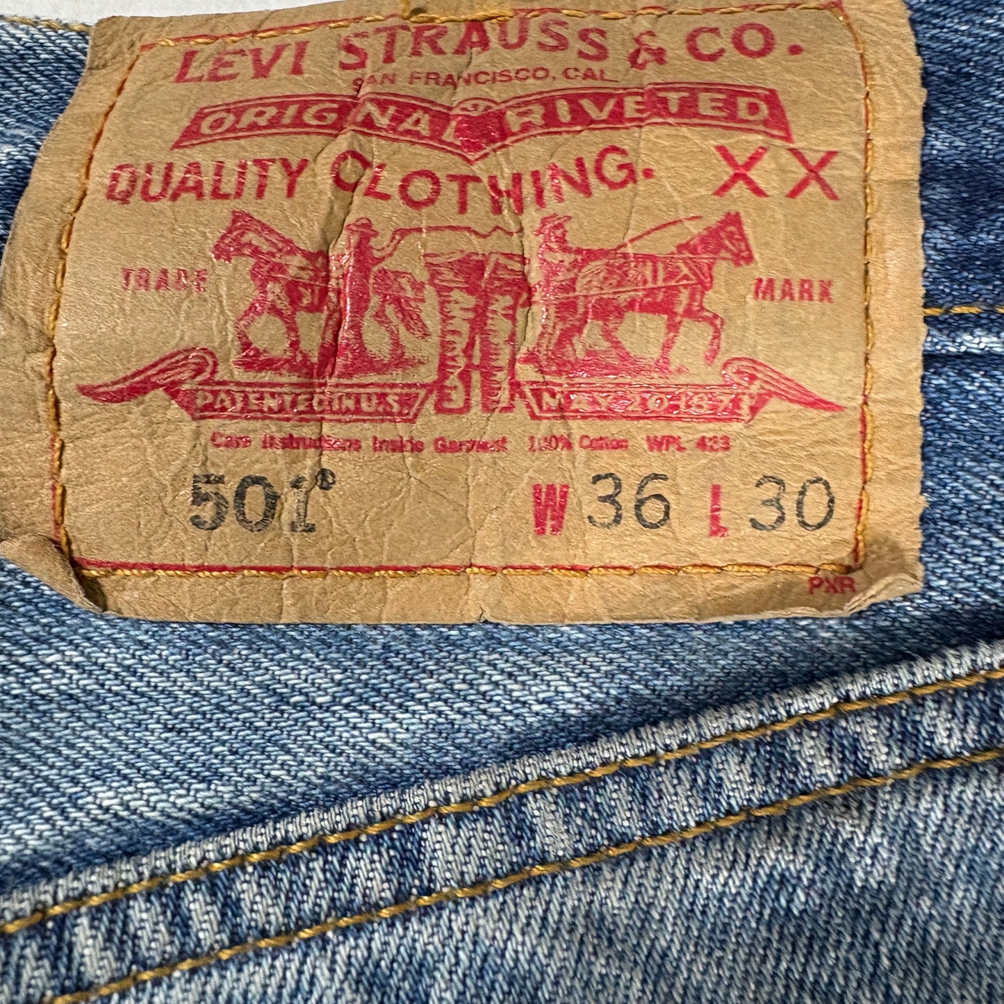 Levi’s 501 Jeans Men 36x30 Blue Denim Button Fly Vintage Distressed Stained USA Style