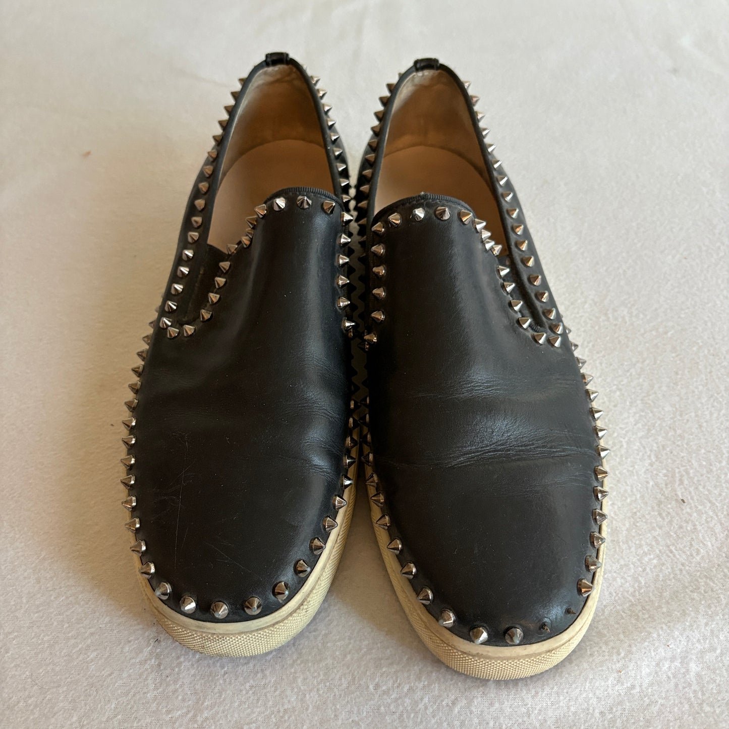 Christian Louboutin Pik Boat Spikes Black Leather Slip On Sneakers EU 45
